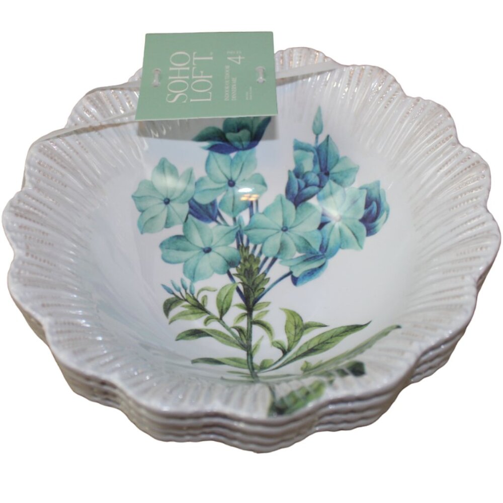 Soho Loft Blue Flower Scalloped Set of 4 Melamine 8" Cereal Bowls White NWT